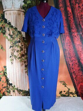 EUC VTG Coco Blanco Size 18 Royal Blue Soutache Button Front Maxi Dress